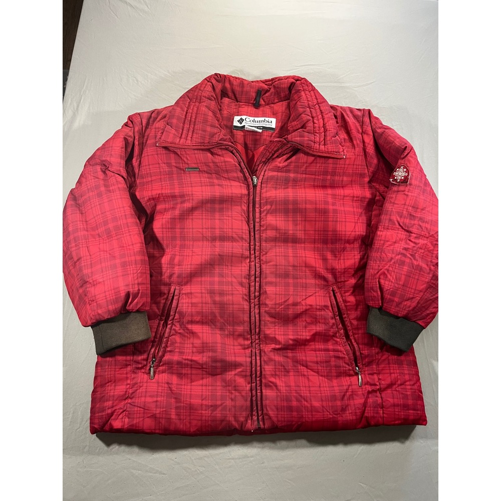 Columbia Womens XL Red Plaid Down Feather Puffer Jacket‎ Quilted Winter Coat